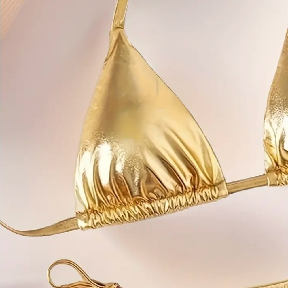 Gold Metallic Triangle Halter Side Tie Bikini Set - Picture 4 of 7